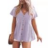 European Summer Women's V-neck Cotton Linen Shirt Dress - Short Sleeve, Pleated, Solid Color Beach Cover-up