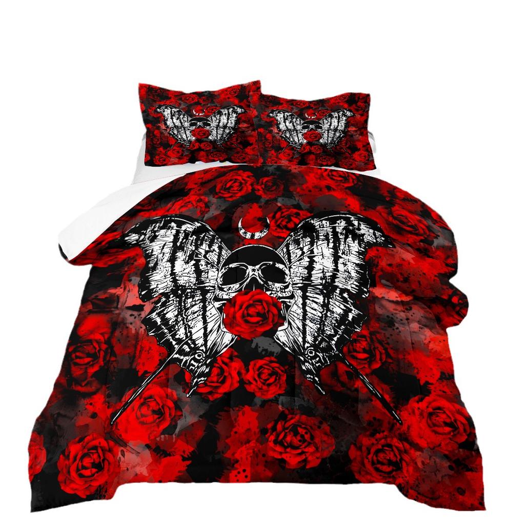 Black Skull Rose Halloween Quilted Comforter Set - 3 Piece