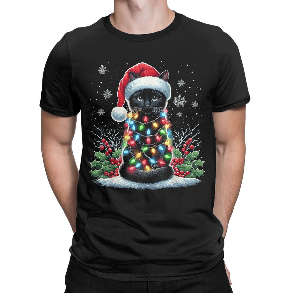 Black Cat Christmas Santa Hat Funny Meowy Cat T-Shirt Man Streetwear T-Shirts O Neck Tee Shirt Hot Sale Oversized Clothing