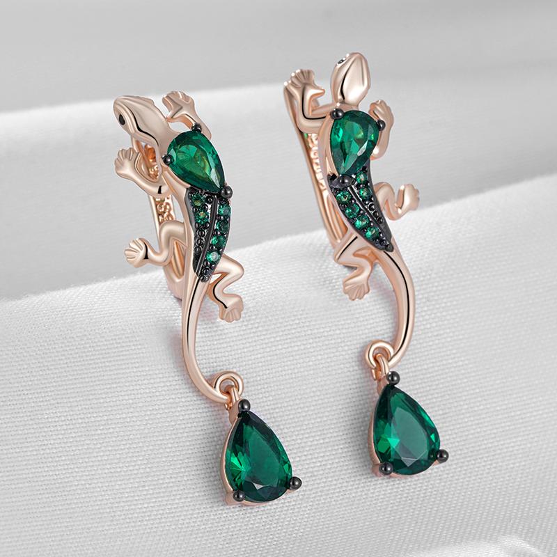 Green Natural Zircon Lizard Drop Earrings For Women Rose Gold And Black Plating Vintage Animal Daily Punk Jewelry