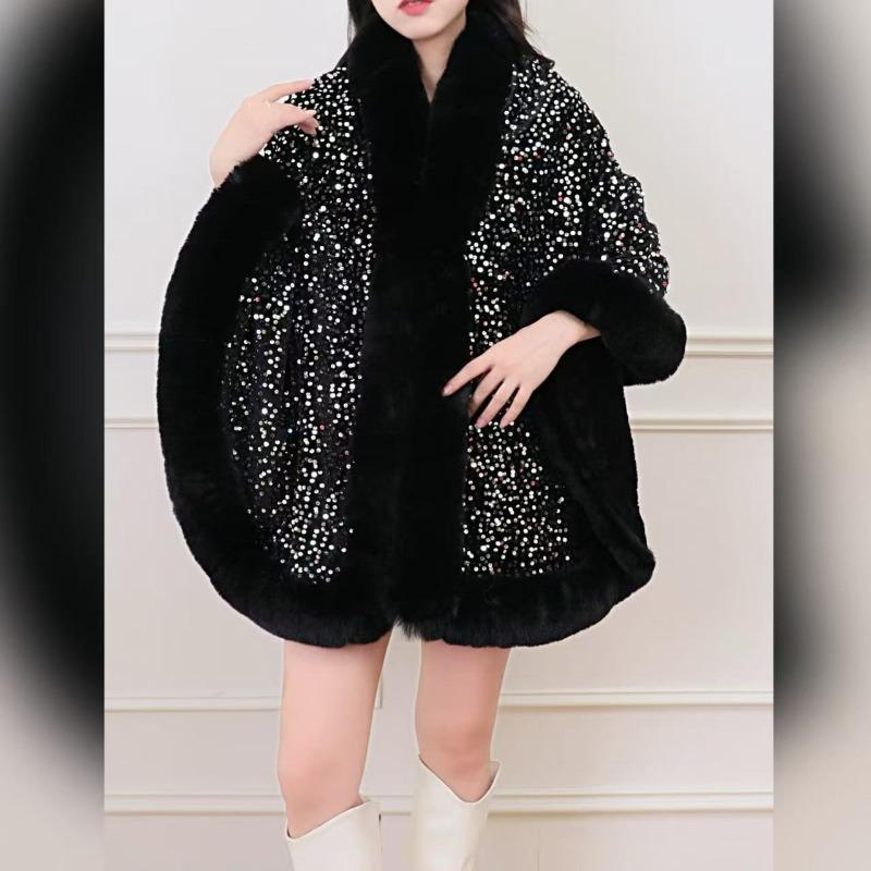 Autumn and Winter Plus Velvet Thickened Big Fur Collar Sequined Shawl Women's Fashion Short Cloak Top