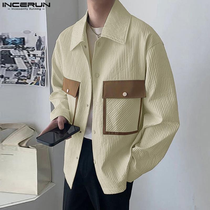 INCERUN Oversized Spring Men Long Sleeve Lapel Patchwork Buttons Up Texture Shirts