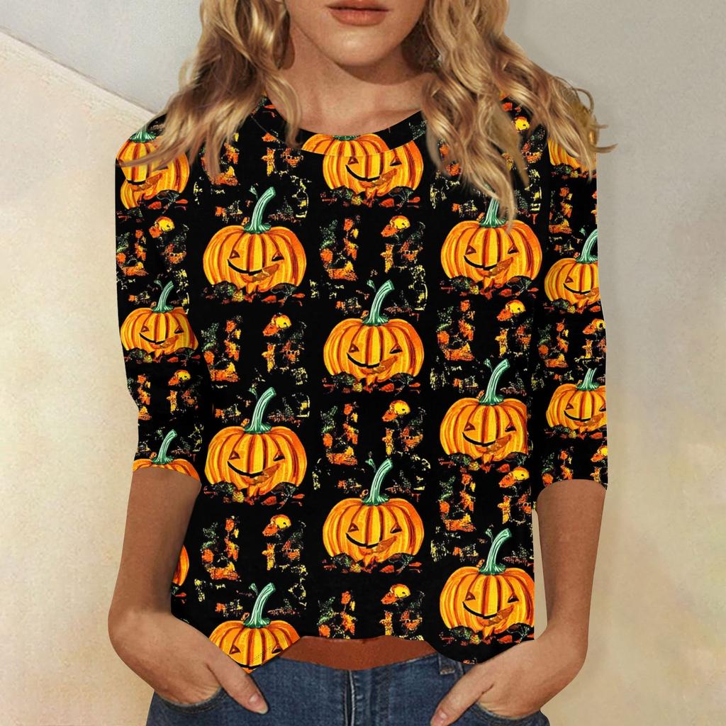 Women's Fashion Casual Three-quarter Sleeve Halloween Printed Round Neck Top