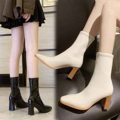2025 Direktverkauf Französische Lederstiefel mit hohen Absätzen Dicke Absätze Kurze Stiefel Herbst und Winter Samt Martin-Stiefel Hochhackige dünne Stiefel Elastische Damen