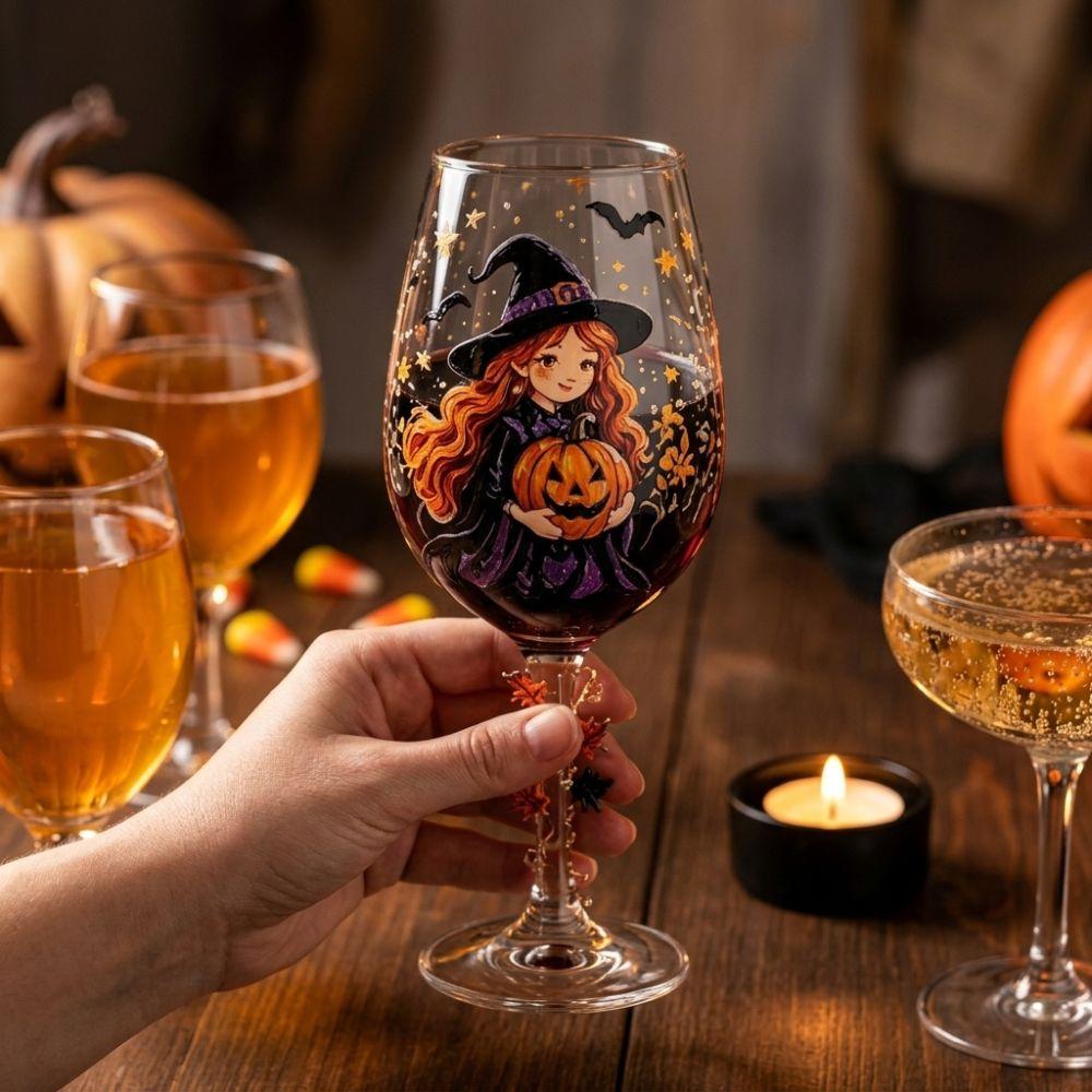 Bicchiere da Vino Zucca Strega Dipinto a Mano Grande Capacità Bicchiere da Bevanda di Halloween Bevanda Festiva
