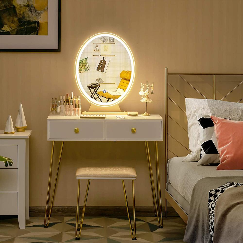Biely moderný kozmetický stolík s LED stmievacím zrkadlom s 2 zásuvkami, toaletný stolík do spálne pre ženy a dievčatá