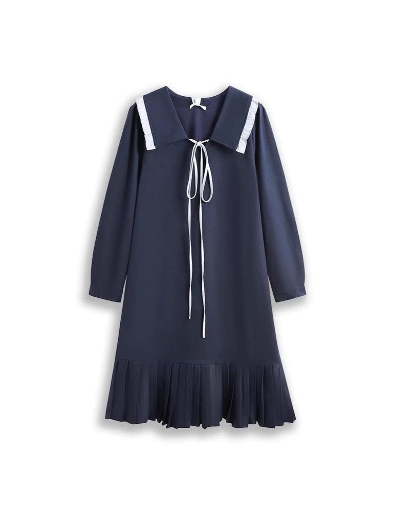 Plus Size Women's College Style Doll Collar Pleated Dress for Spring & Autumn (130-320 Jin)
