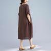 Real Summer New Literary and Loose Solid Color Cotton and Linen Round Neck Short-sleeved Dress Women's Medium and Long Models