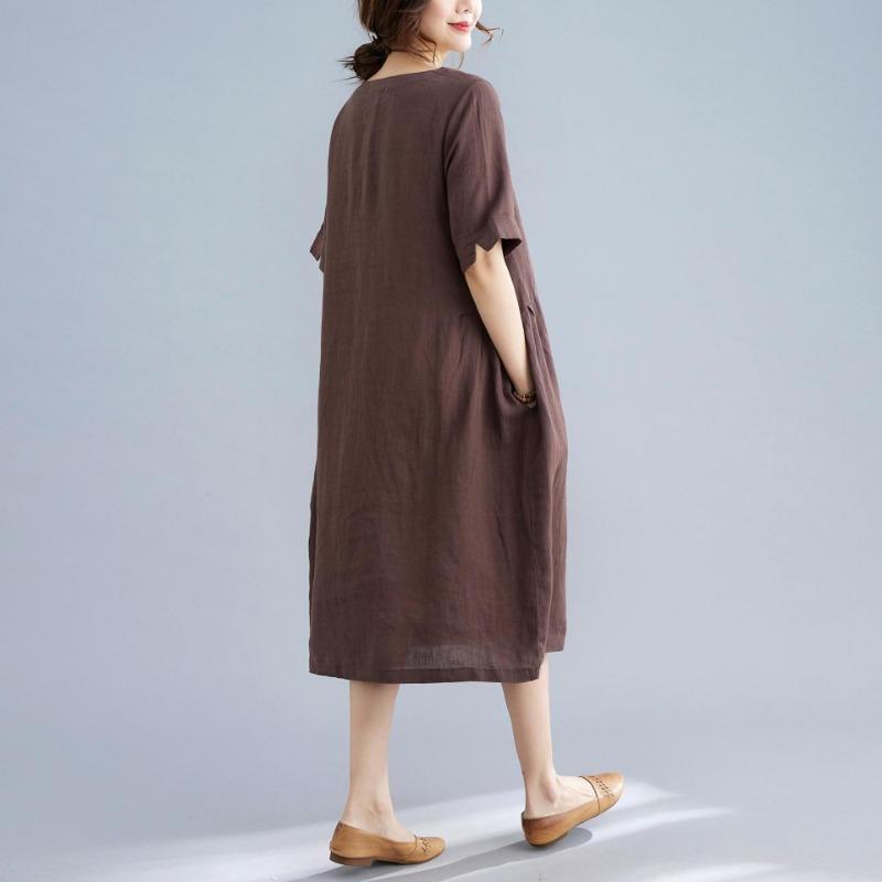 Real Summer New Literary and Loose Solid Color Cotton and Linen Round Neck Short-sleeved Dress Women's Medium and Long Models