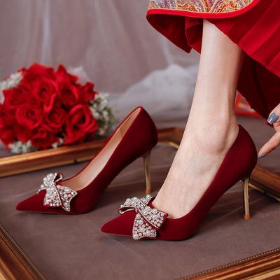 Xiuhe Wedding Dress Two Wear Wedding Dress Red Wedding Shoes Bow Light Mouth Bridal Shoes Stilettos
