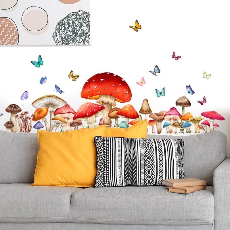 Color Mushroom Butterfly Wall Stickers for Kids Room Bedroom Baby Room Kindergarten Background Decorative Wall Decals PVC Murals