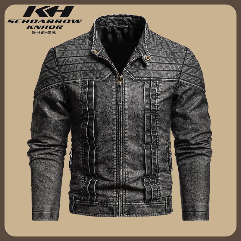 New men's leather jacket autumn and winter locomotive PU jacket, hot-selling in Europe and America, retro men's stand-up collar trendy brand men's c