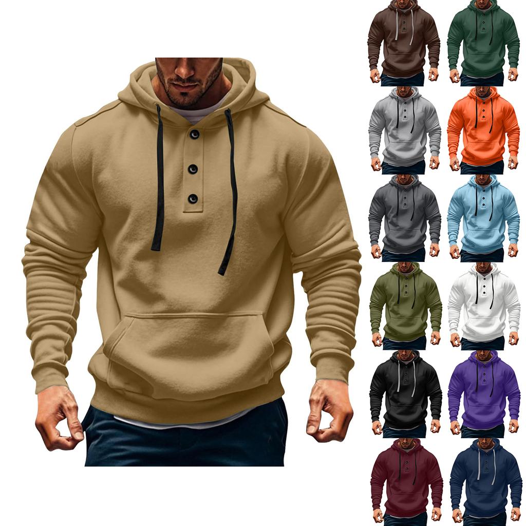 Mens  Hoodies Vintage Casual Quarter Button Up Hooded Workout Sweatshirts Fall Winter Pullover Hoody