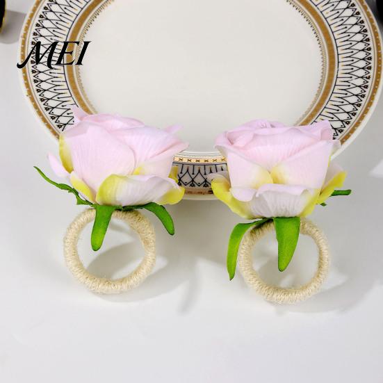 Fresh Style Napkin Holders for Kitchen Artificial Rose Ring, Fabric Pink Flower Holder, Rustic Floral Tableware Accessories Party Decor Ring Farmhouse