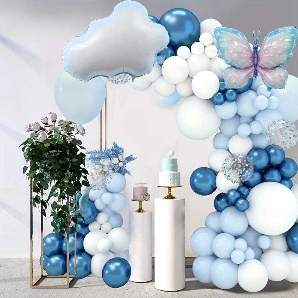 122PCS Blue Balloon Wreath Arch Kit, White Cloud and Butterfly Aluminum Film for Wedding, Birthday, Anniversary Decoration
