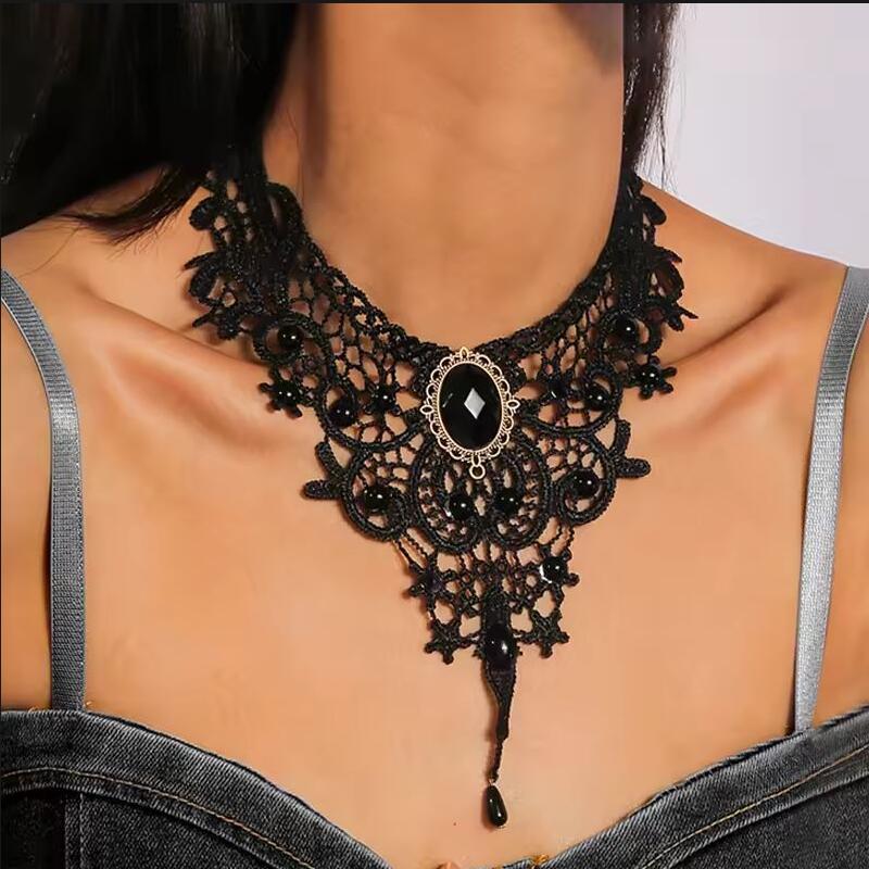 Gothic Black Lace Necklace for Women Steampunk Water Drop Choker Necklaces Girls Party Jewelry Gift