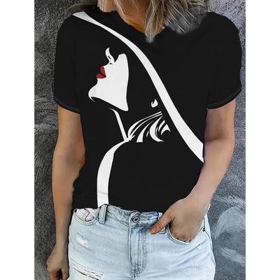 Modisches Damen Abstraktes Muster 3D-Druck Damen Gesichtsmerkmale Lässiges Kurzarm Rundhals T-Shirt Regular Top