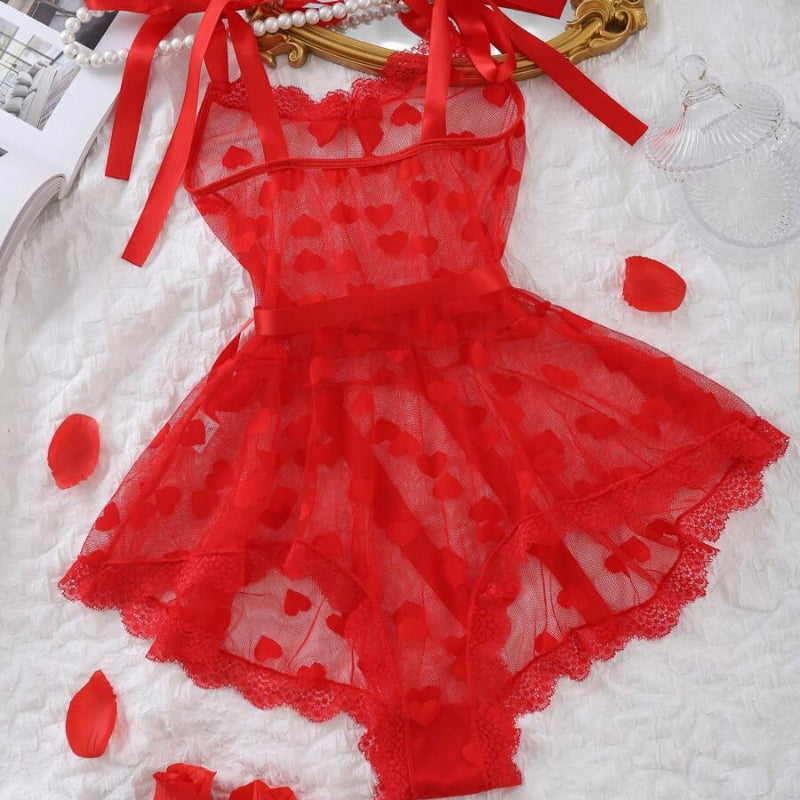 Mesh Transparent Heart Shaped Lace Up One Piece Lingerie Set Underwear