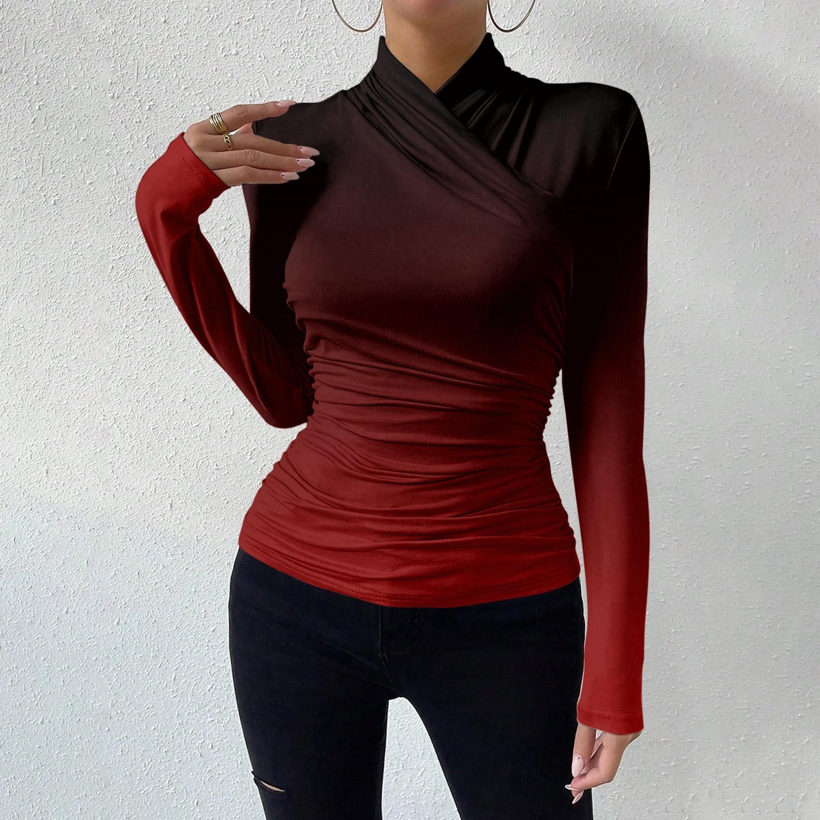 Women Long Sleeve Pullover Top Gradient Print Casual Crew Neck Slim Fit Stretchy Blouse Lightweight Soft Fabric M