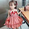 Vestido de Verano para Niñas con Estampado de Cuadros, Decoración de Encaje con Lazo, Vestido de Princesa Lolita, Vestido con Escote Cuadrado