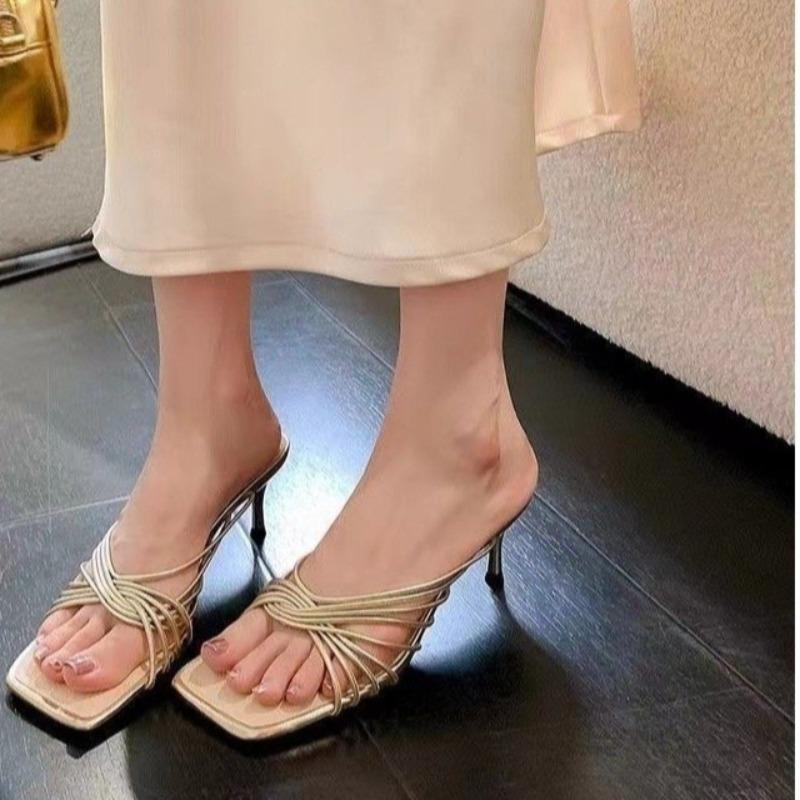 Stiletto Sandals Summer New Square Toe Open Toe Crossover Slim Strap Slip Anti-Slip Wear-Resistant High Heels