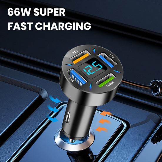 66W Car Super Fast Charger with 4 USB Ports LED Display Real-time Battery Monitoring PD QC3.0 2.4A Car Charger for Phone Tablet