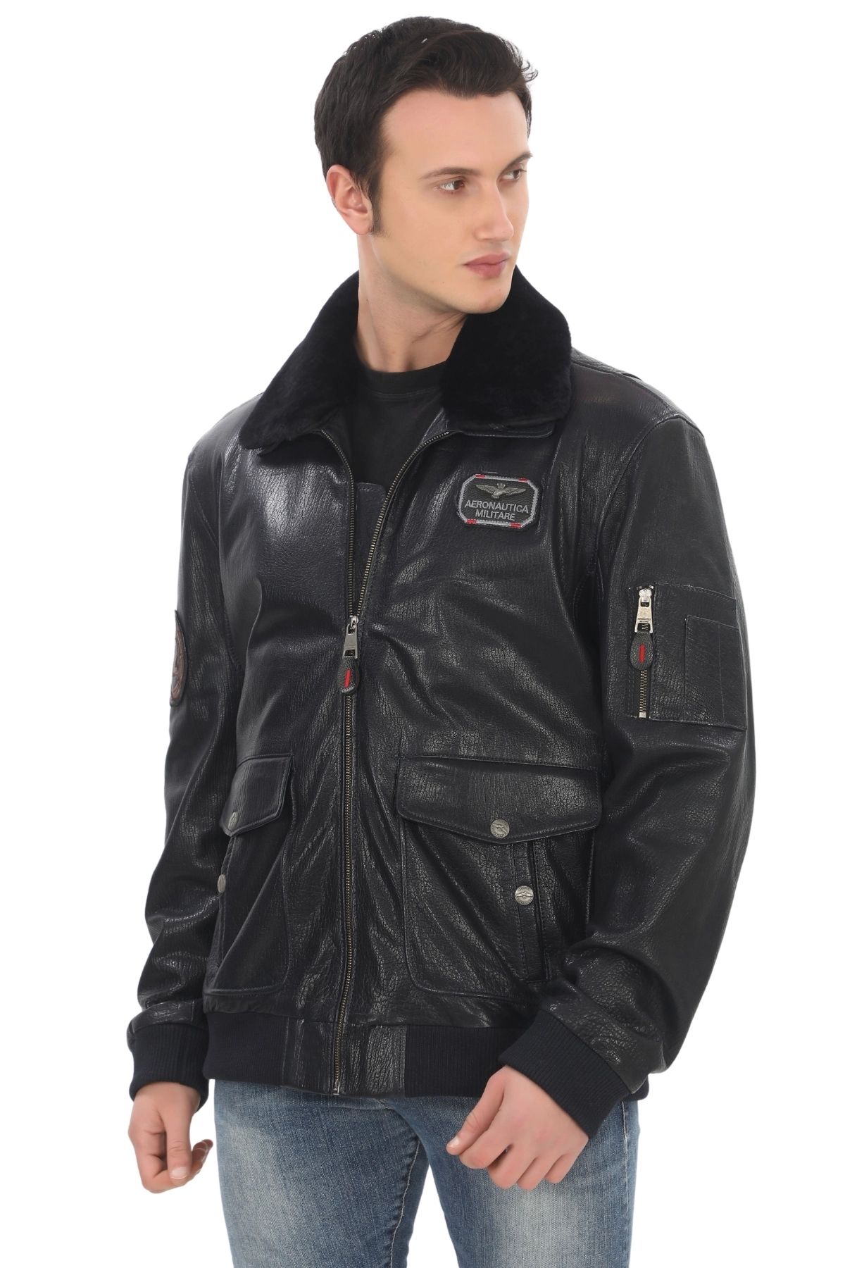 

Men s Bomber Jacket Black Genuine Lambskin Aviator Pilot Coat Fur Collar Warm Winter Flight Jacket R 2XL чорний