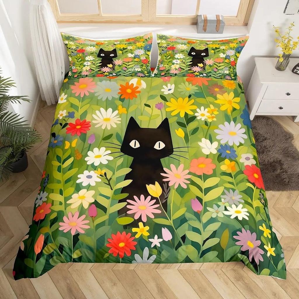 Cartoon Black Cat Duvet Cover Watercolor Flower Bedding Set Pet Animals Botanical Comforter Cover Romantic Rustic Quilt Cover
