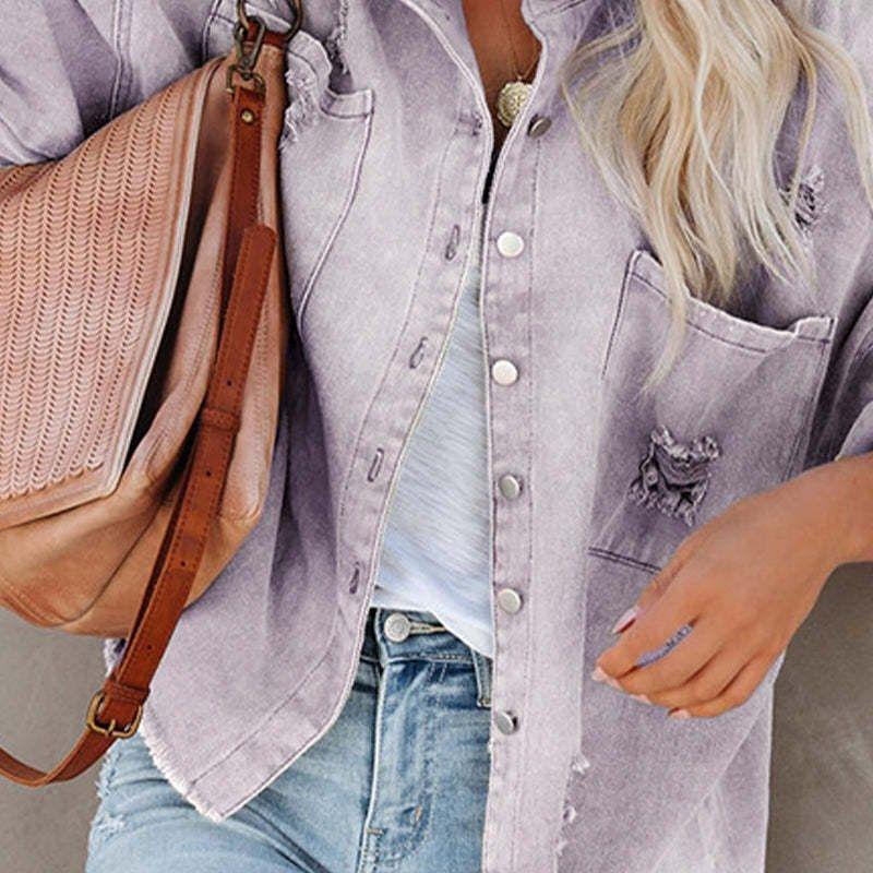 

Bohemian Old Coat Hole Loose Denim Jacket Coat Multicolor Light purple XL