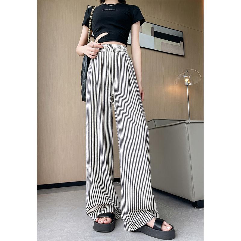 Summer New Fashion Simple Elastic High Waist Casual Wide Leg Pants Women's Print Stripes Patchwork Drawstring Straight Trousers