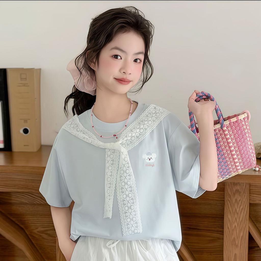 Girls Summer Printed Short Sleeve T Shirt with Lace Overlay Stylish and Versatile Top