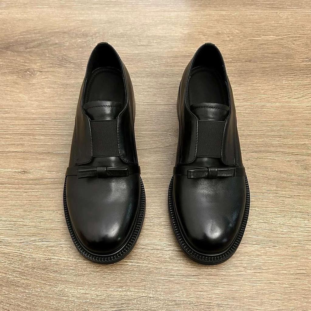 British style retro leather round head bow one-pedal loafers women's 2025 spring thick heel small leather shoes single shoes