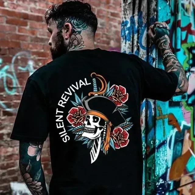 Harajuku Street Top Gothic Harajuku Biker Skull Graphic Tshirts Men Fashion Short Sleeve Tops Dark Punk Skulls Retro T Shirt