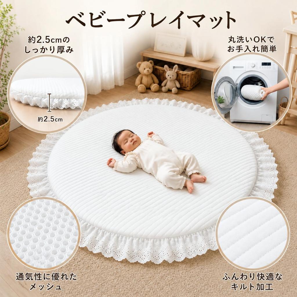 Sunny Mat Baby Play Mat, Round, 98cm Diameter, Cotton, Quilted, Lace Trim, Washable, Removable Cover, Non-Slip Bottom, Perfect for Monthly Photos, Nap