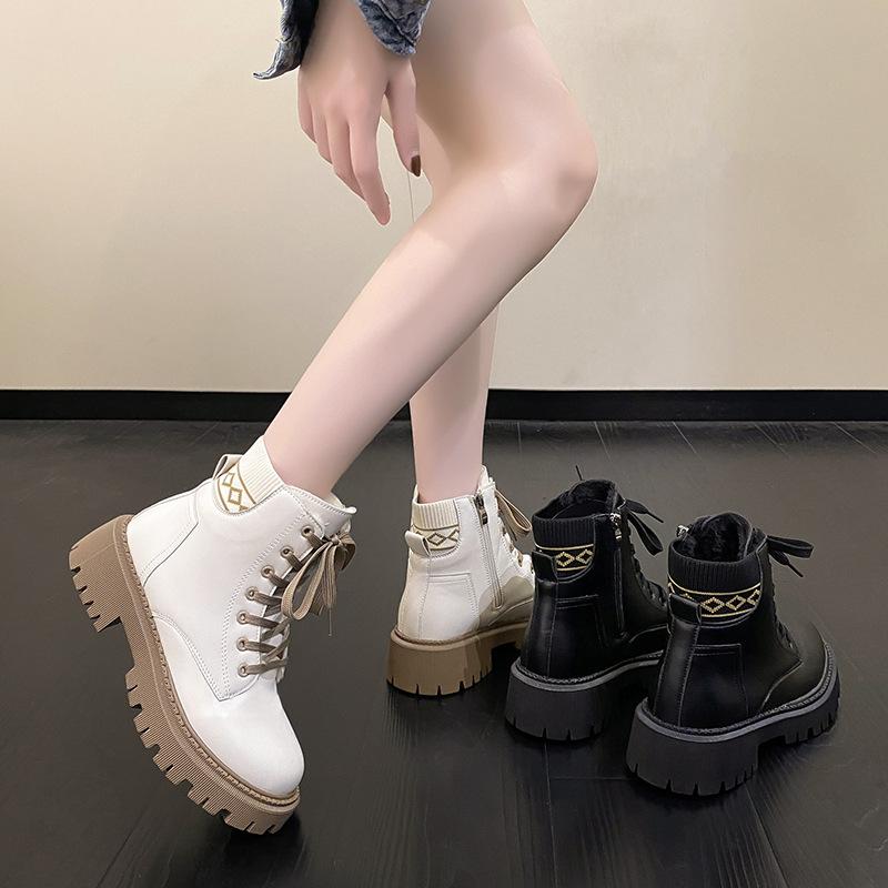 British Martin boots women's new thick-soled lace-up round head large size simple and fashionable velvet warm short boots