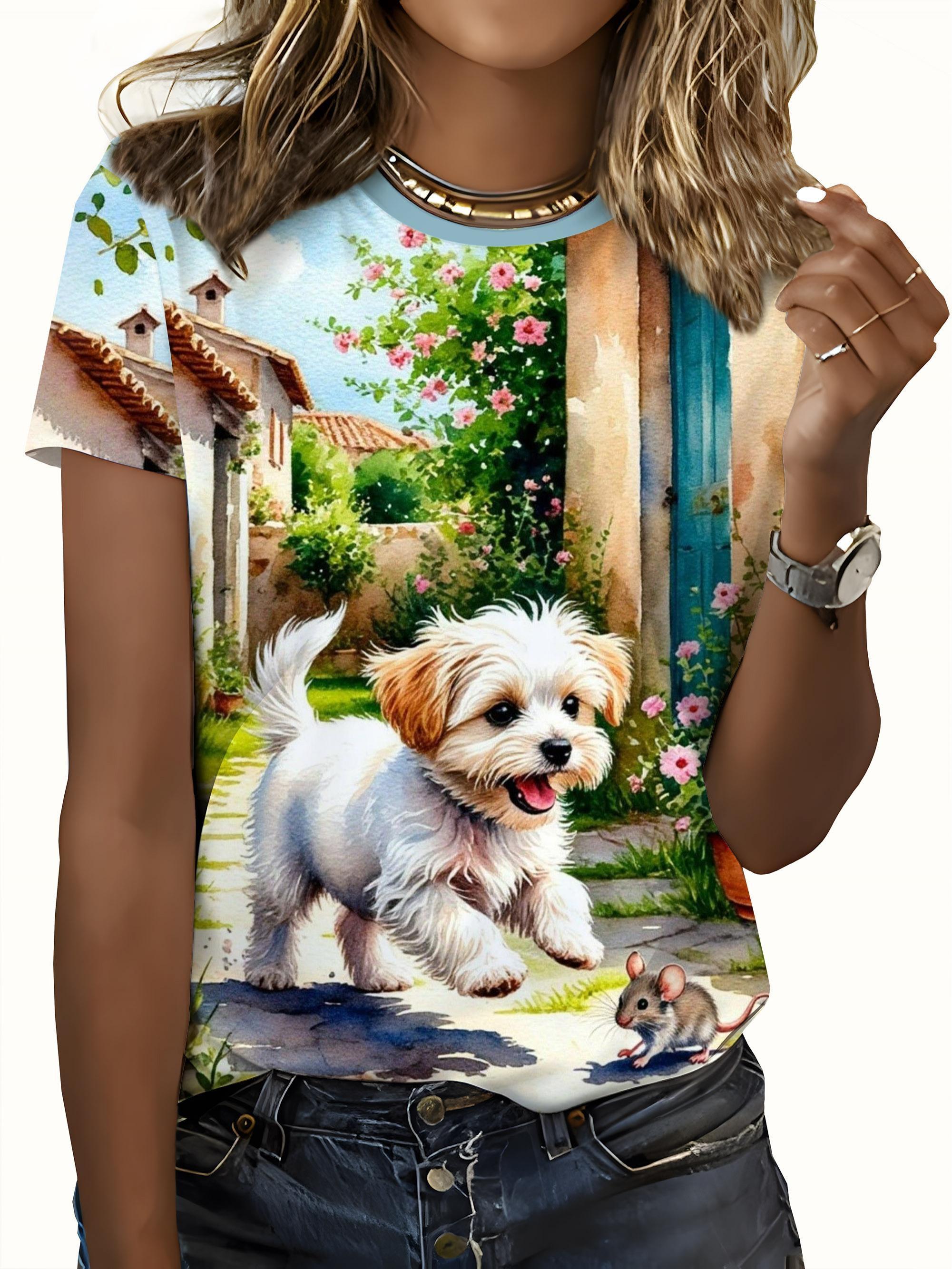 

[Printed Design-Not Textured]Round-Neck T-Shirt with a Soothing Pastoral Style. Featuring a Gentle Scene of a Cute Puppy Accompanying a Flowered Garde M дубильна кора
