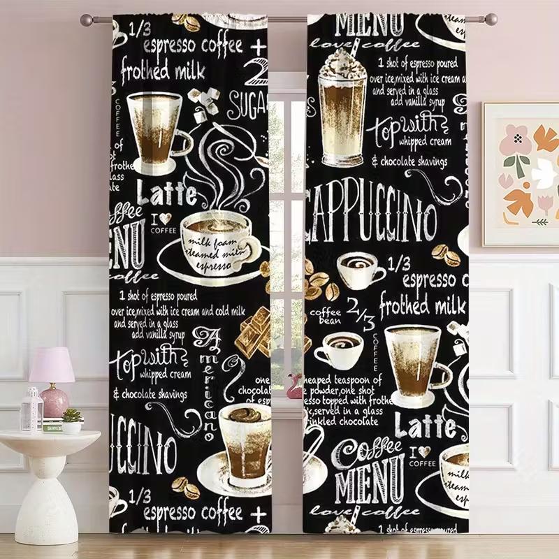 2 Bucăți Perdele cu imprimeu seria Cafea, potrivite pentru decorarea dormitorului, sufrageriei, bucătăriei, decorarea casei, decorarea ferestrelor