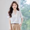 TeloMan Women's V-Neck Short-Sleeve Blouse with Tie-Neck Design