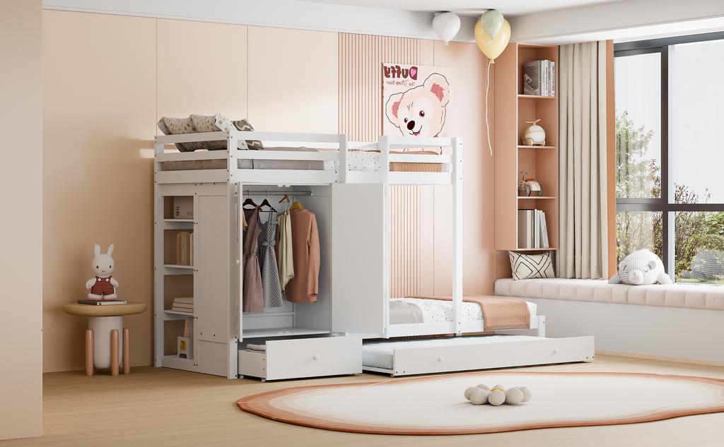 Massivholz-Etagenbett 90*200 mit Ausziehbett, Multifunktionales Kinderbett mit Kleiderschrank, Schubladen und Staufach, Weiß