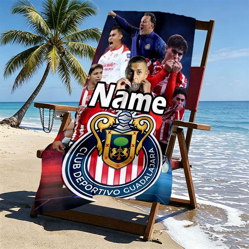 Custom Name Personalized Club Deportivo Guadalajara Print Beach Towel, for Trip Camping Beach Party Home Decor, Birthday Gift for Family & Friends