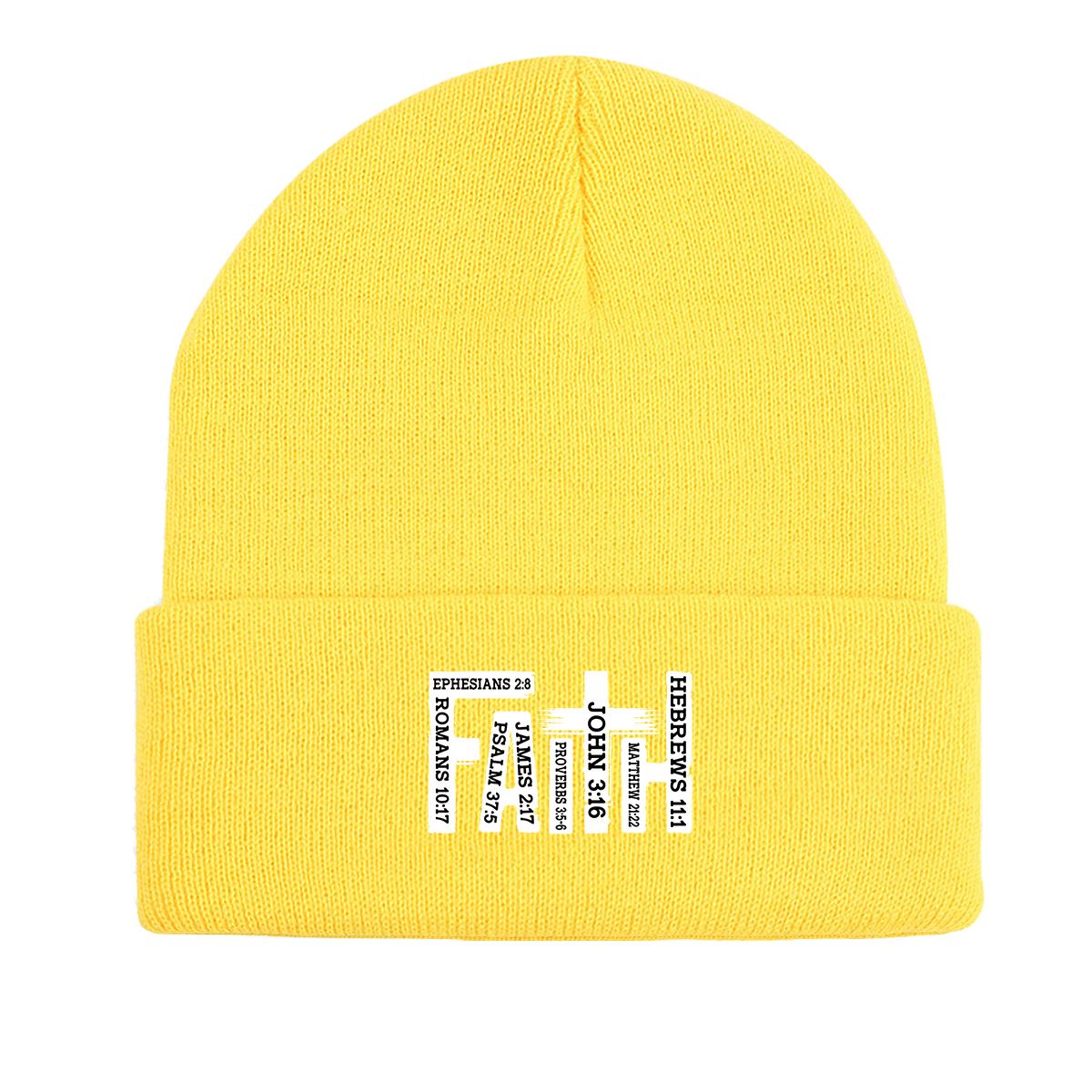 

White FAITH Cross Winter Knitted Hat Beanie, Woman Cap Cuff Thermal Solid Color Headwear Knit Hat Beanie as the picture жёлтый