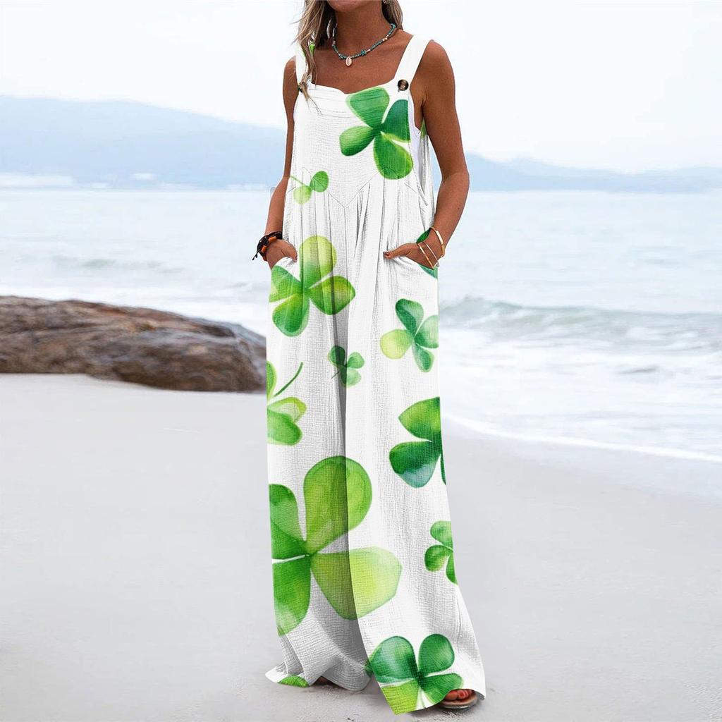 Salopete cu picioare late pentru femei Salopete lejer fără mâneci St. Salopetă cu pantaloni lungi, cu nasturi, cu buzunare, de ziua lui Patrick