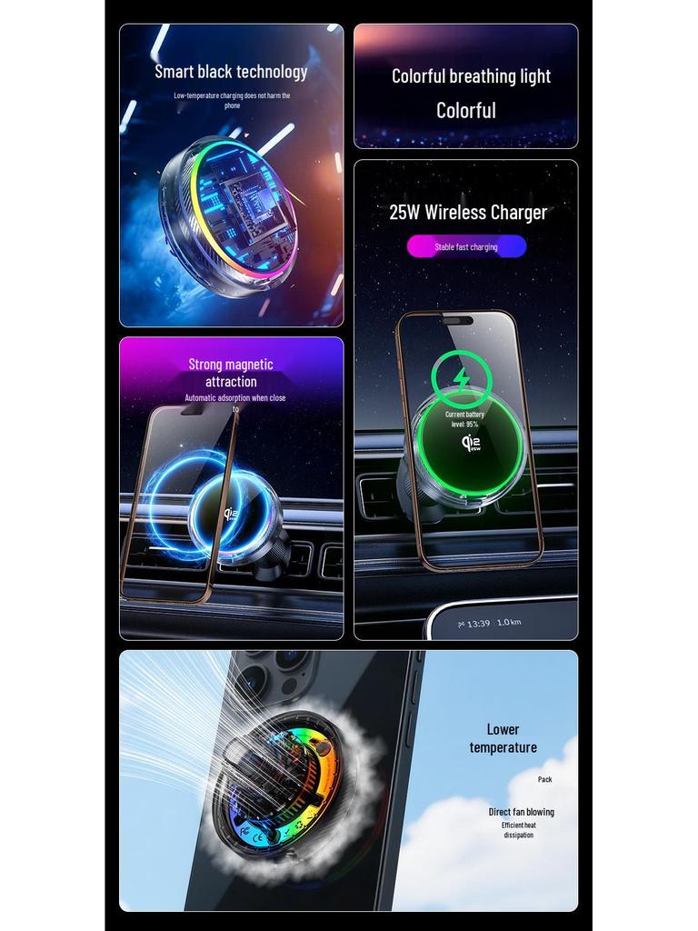 Qi2.2 Magnetic Wireless Car Phone Holder with Cooling