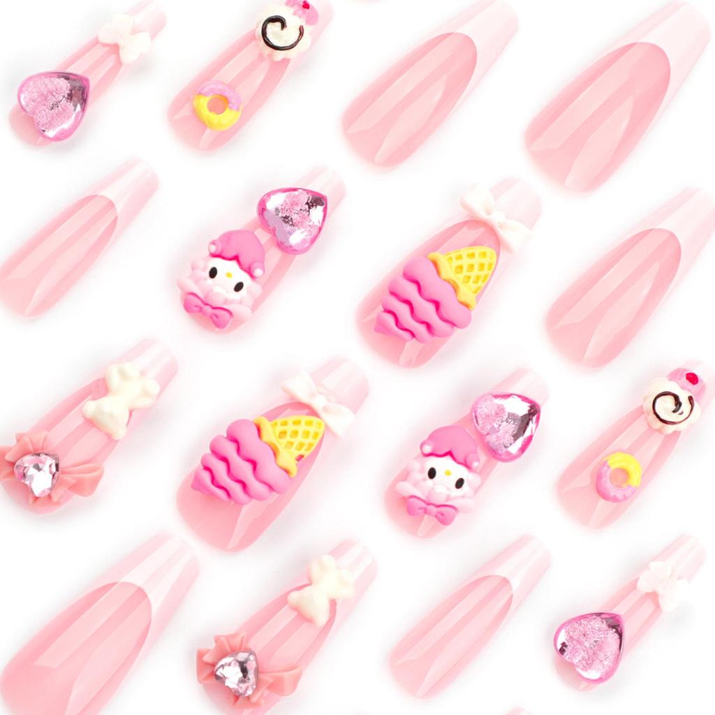 Sweet Pink 3D Bow and Rhinestone Bear Ice Cream Cone Fake Nails