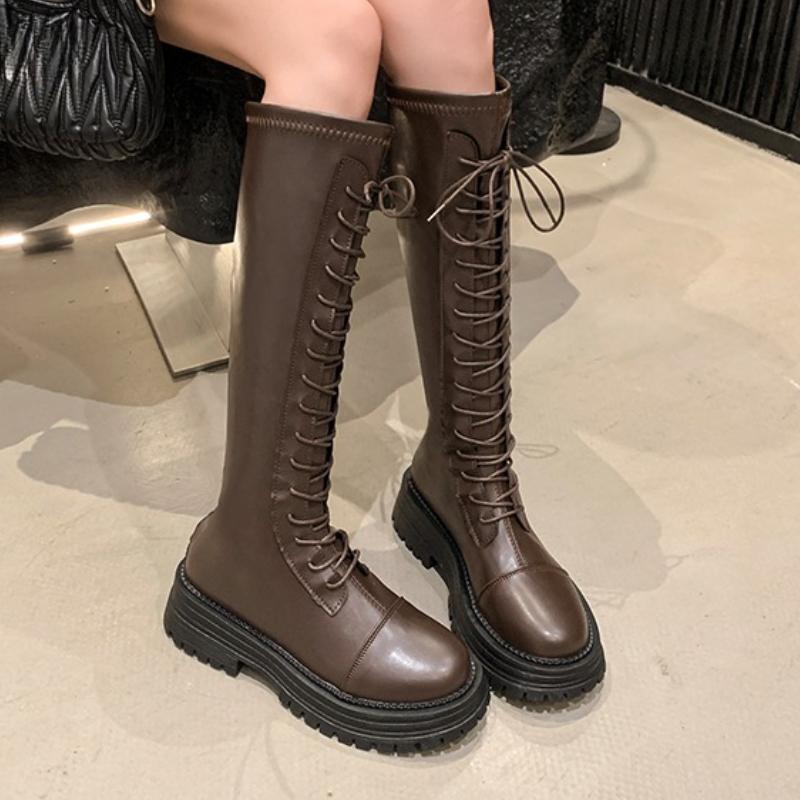 Fashion Women High Boots Flats Platform Leather Shoes Knee High Knight's Boots Fashion New Elegant 2025 Winter Lace Up Shoes Mujer Botas