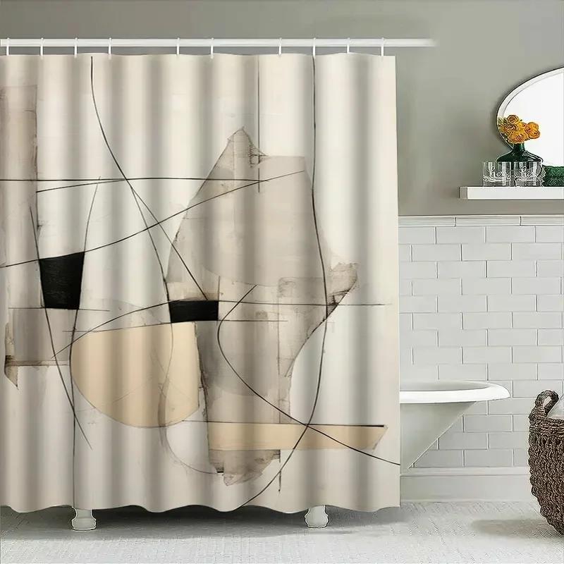 Modern Abstract Black White Shower Curtain for Bathroom Decor, Stylish Geometric Pattern Waterproof Fabric Interior Design