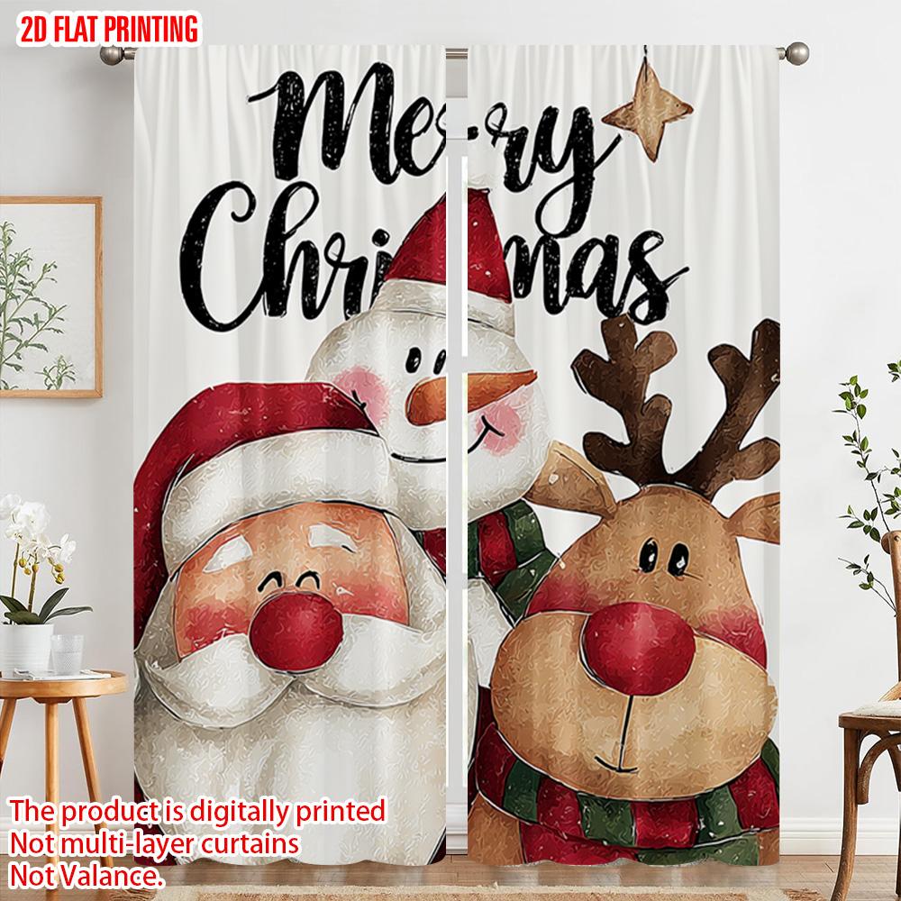 2pcs,2D Plane Printing Window Curtain Santa_ Snowman and Reindeer Polyester Fabric (without Rod) Room Decor Ldeal for Bedroom,