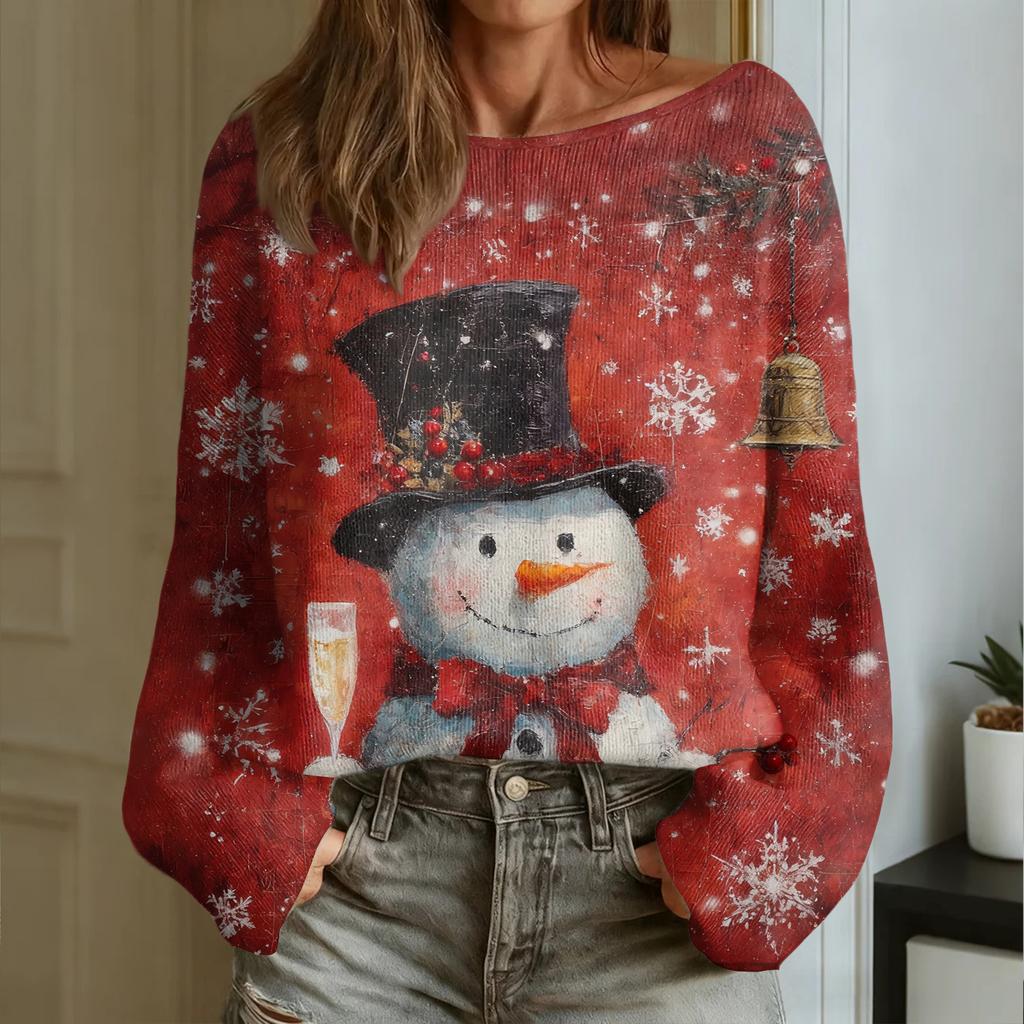 Women's Fashion Round Neck Long Sleeve Christmas Print Casual Pullover Sweater Top