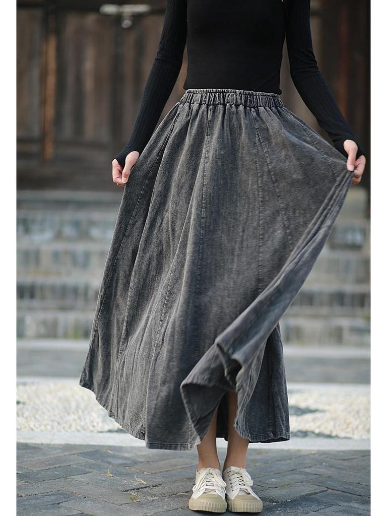 Retro Literary Burnout Cotton Linen Elastic Waist Midi Skirt - Autumn/Winter