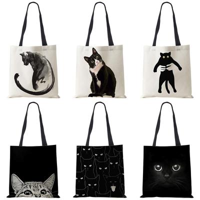 Lady Tote Bags Sumi Black Cat Printed Linen Fabric Eco Handbag Shopping Office Reusable Casual Shoulder Bag
